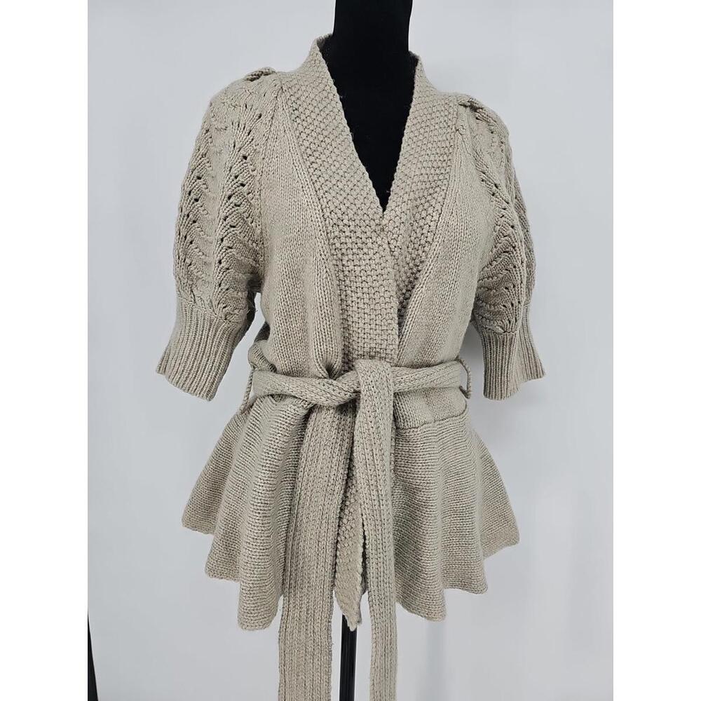 Victoria Secret Moda International‎ Peplum Sweater Large Tan Wool Puff Shoulder
